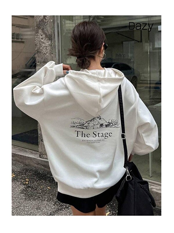 Trendseninle Kadın Beyaz The Stage Baskılı Kapüşonlu Sweatshirt