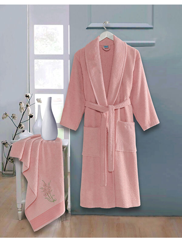 UPSTYLE Bornoz - Nakışlı Havlu Seti Cora Pudra L/XL+45x85cm