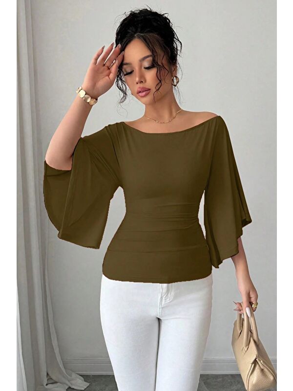 Tarz Cool Kadın Kayık Yaka Flare Kol Drapeli Fit Bluz