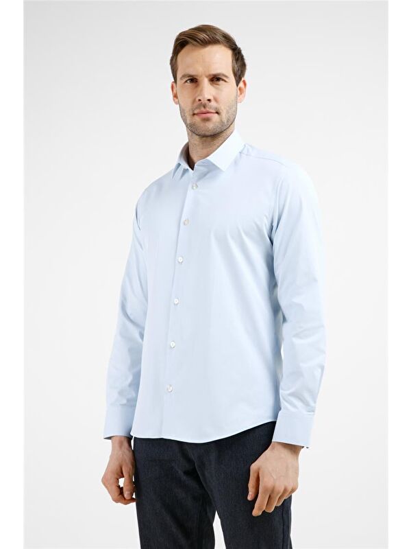 İMZA Mavi  Sert Yaka Uzun Kol Cepsiz Slim Fit Pamuklu Gömlek 1004255229