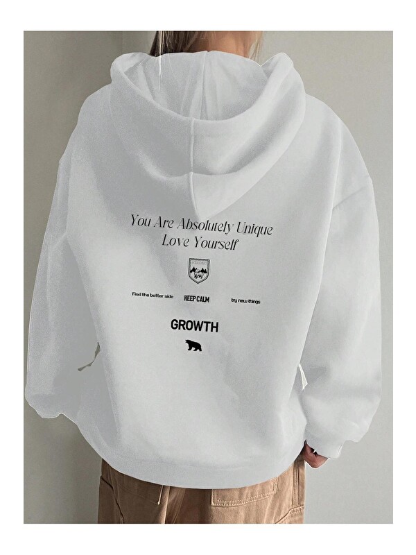 Trendseninle Kadın Beyaz Calm Growth Baskılı Oversize Kapüşonlu Sweatshirt