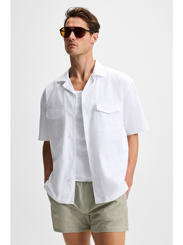 GRIMELANGE TERO Erkek %100 Pamuk Apaj Yaka Kısa Kollu Flamlı Oxford Comfort Fit Hawaii BEYAZ Gömlek