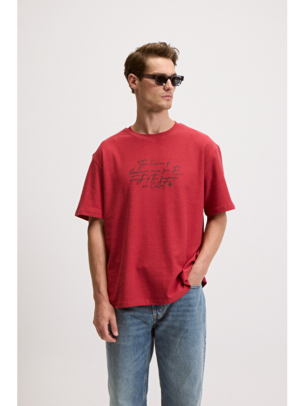 GRIMELANGE BONDIA Erkek Baskı Detaylı %100 Organik Pamuk Oversize Fit Bisiklet Yakalı Kısa Kollu BORDO T-Shirt