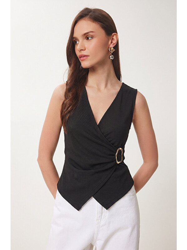 Happiness İstanbul Gold Aksesuarlı Fitilli Örme Bluz SİYAH LZV0076