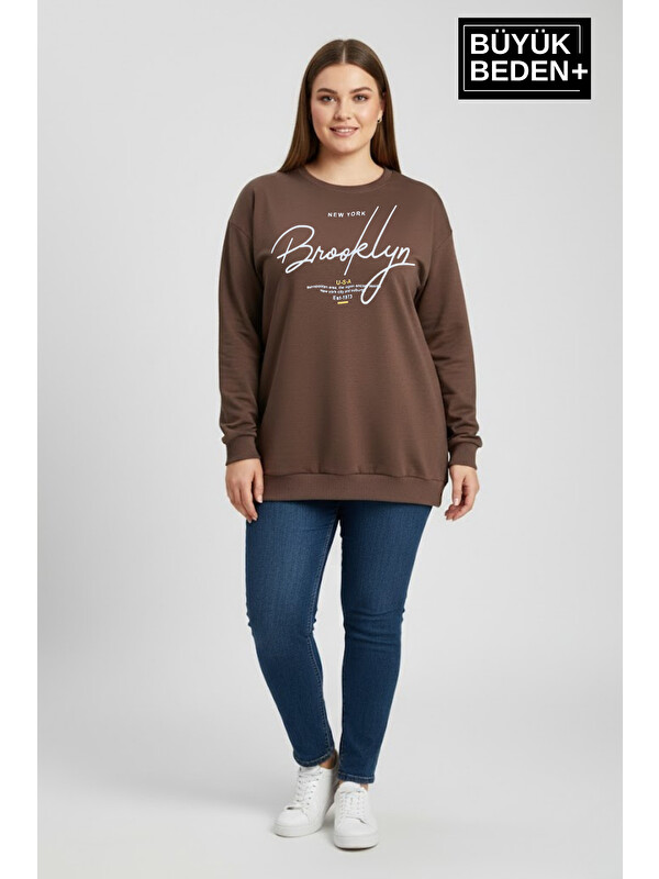 Süperlife Kadın Büyük Beden El Yazılı Brooklyn Baskılı Bisiklet Yaka İnce Sweatshirt SPR26BSWK956-6