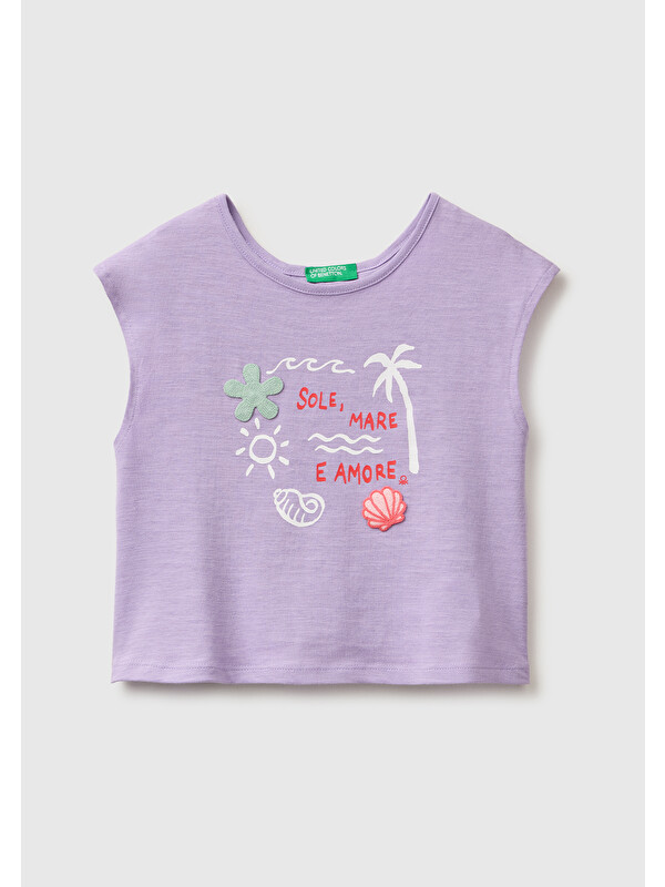 United Colors Of Benetton Kız Bebek Lila Arkası Fiyonk Detaylı Kimono Kollu T-Shirt