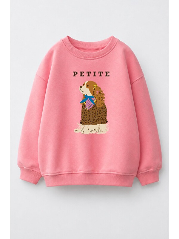Monila Kız Çocuk 3 İplik Kumaş  Pamuklu Köpek Baskılı Sweatshirt