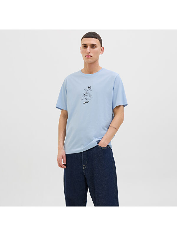 Jack & Jones Relax Erkek Mavi Bisiklet Yaka Tişört