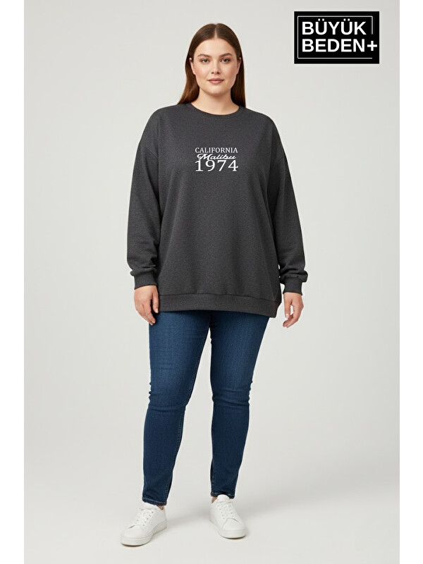 Süperlife Kadın Büyük Beden California 1974 Baskılı Bisilet Yaka İnce Sweatshirt SPR26BSWK956-2