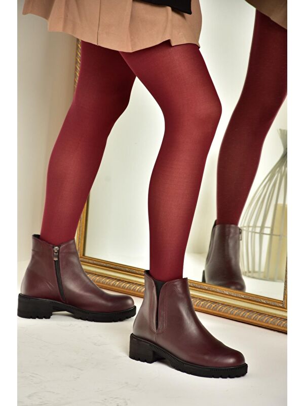 J654011903 Bordo Hakiki Deri Kadın Bot - Görsel 3