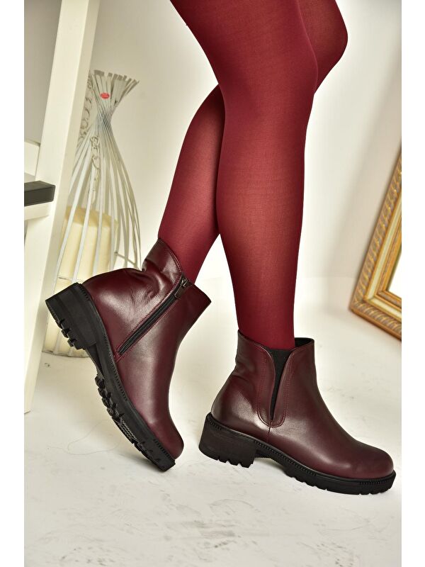 J654011903 Bordo Hakiki Deri Kadın Bot - Görsel 4