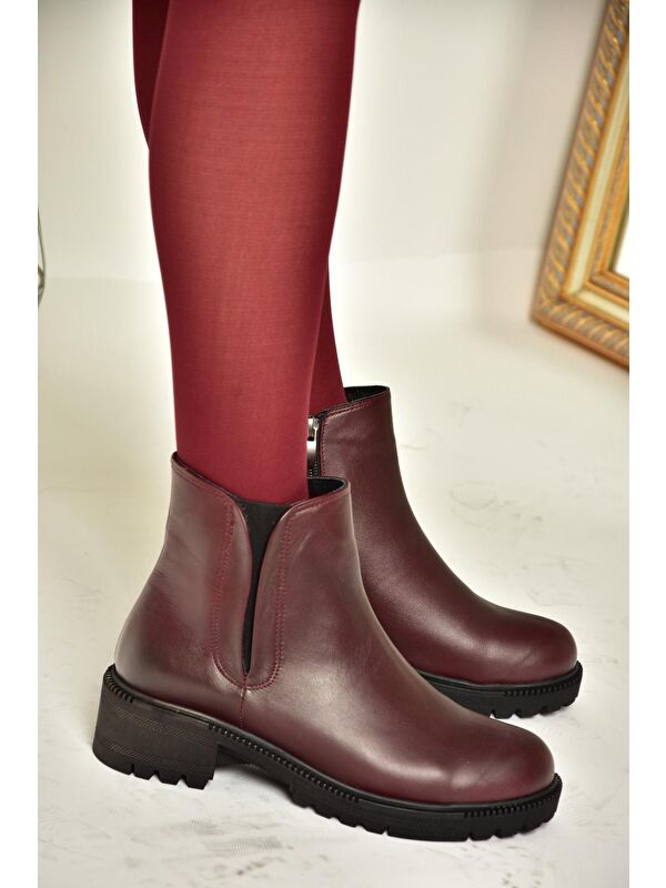J654011903 Bordo Hakiki Deri Kadın Bot - Görsel 5