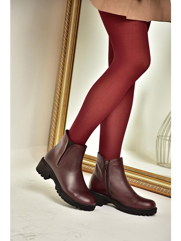 J654011903 Bordo Hakiki Deri Kadın Bot - Görsel 6