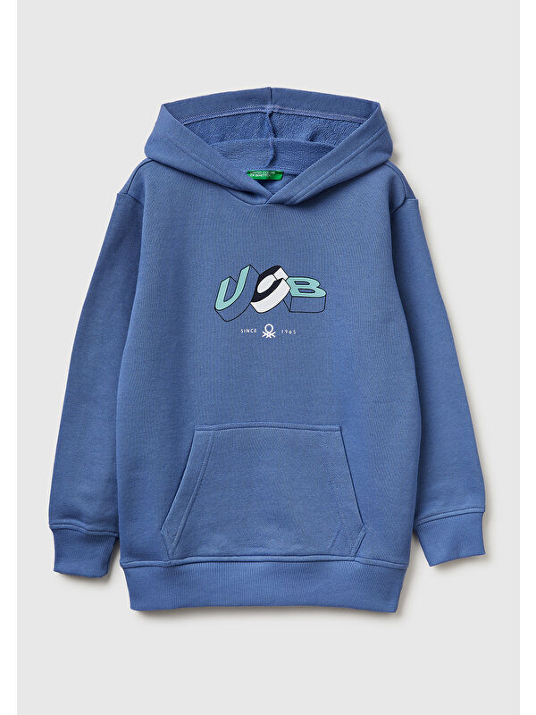 United Colors Of Benetton Erkek Çocuk Havacı Mavi Önü Logo Baskılı Kanguru Cepli Kapüşonlu Sweatshirt