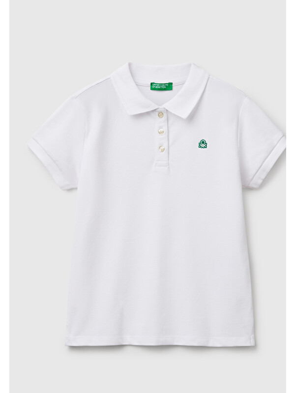 United Colors Of Benetton Kız Çocuk Beyaz Logolu Pike Polo T-Shirt