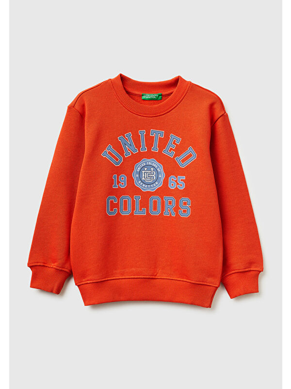 United Colors Of Benetton Erkek Çocuk Kırmızı Önü Logo Baskılı Yuvarlak Yaka Sweatshirt