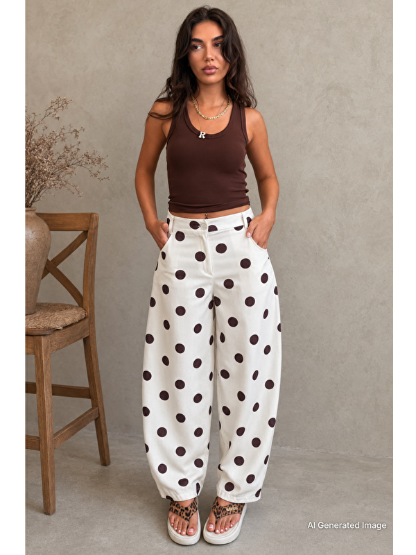 Madmext Ekru Puantiyeli Beli Lastikli Balon Kadın Pantolon Mg2886