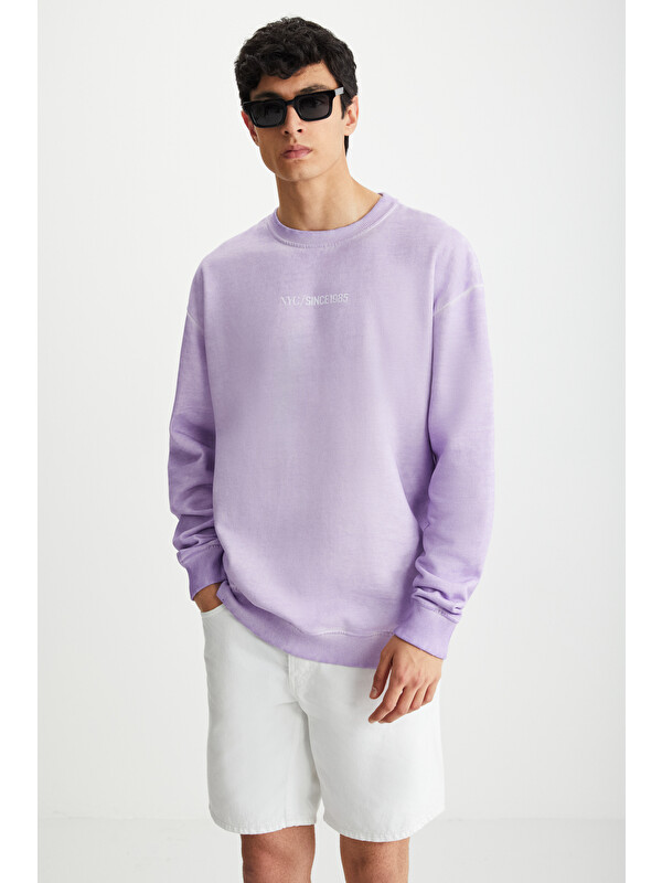 GRIMELANGE BLANDON Erkek Bisiklet Yaka İçi Polarlı Baskı Detaylı Yıkamalı LİLA Sweatshirt