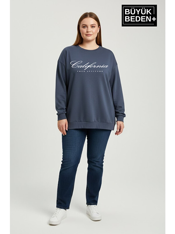 Süperlife Kadın Büyük Beden El Yazılı California Baskılı Bisiklet Yaka ince Sweatshirt SPR26BSWK956-7
