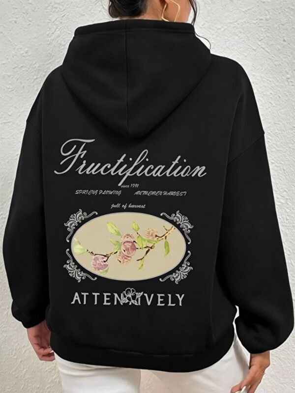 Trendseninle Siyah Fructification Baskılı Oversize Kapüşonlu Sweatshirt Hoodie