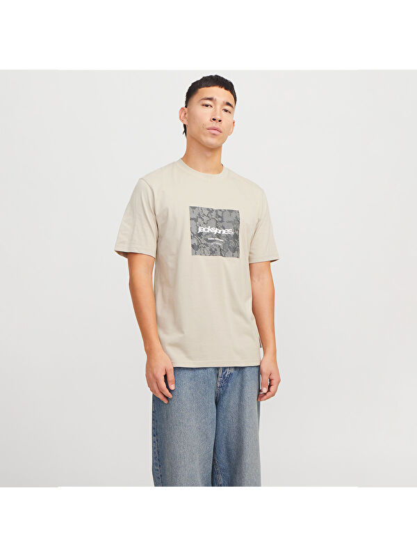 Jack & Jones Tarmac Camo Front Crew Neck Erkek Bej Yuvarlak Yaka Spor Tişört