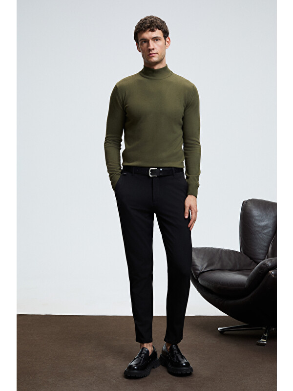 GRIMELANGE REBEL Erkek Yarım Balıkçı Yaka Basic Slim Fit Triko HAKİ Kazak