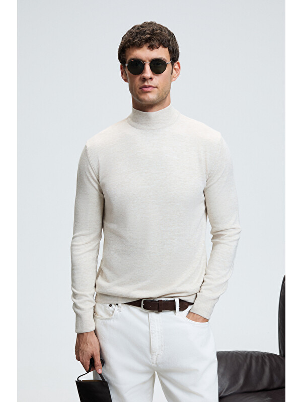 GRIMELANGE REBEL Erkek Yarım Balıkçı Yaka Basic Slim Fit Triko BEJ Kazak