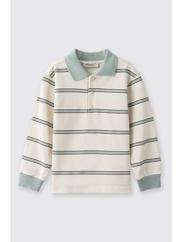 Panço Erkek Bebek Çizgili Yakalı Ekru Sweatshirt
