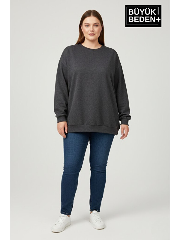 Süperlife Kadın Büyük Beden Bisiklet Yaka Kollar ve Etek Ribanalı İnce Sweatshirt SPR26BSWK956