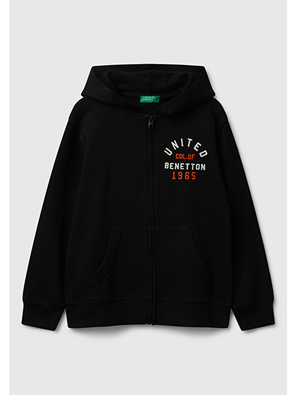 United Colors Of Benetton Erkek Çocuk Siyah Önü Logo Detaylı Fermuarlı Kapüşonlu Sweatshirt