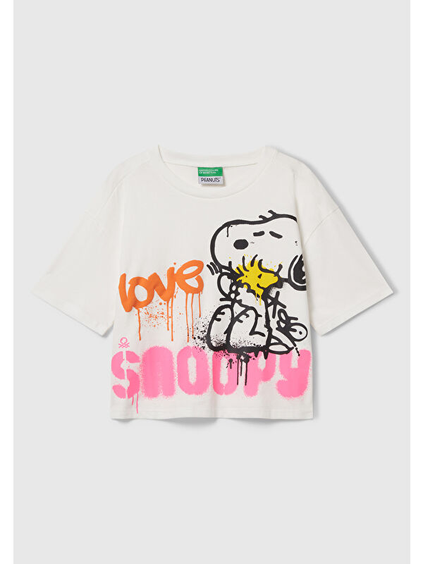 United Colors Of Benetton Kız Çocuk Ekru Önü Baskılı Jarse Boxy T-shirt
