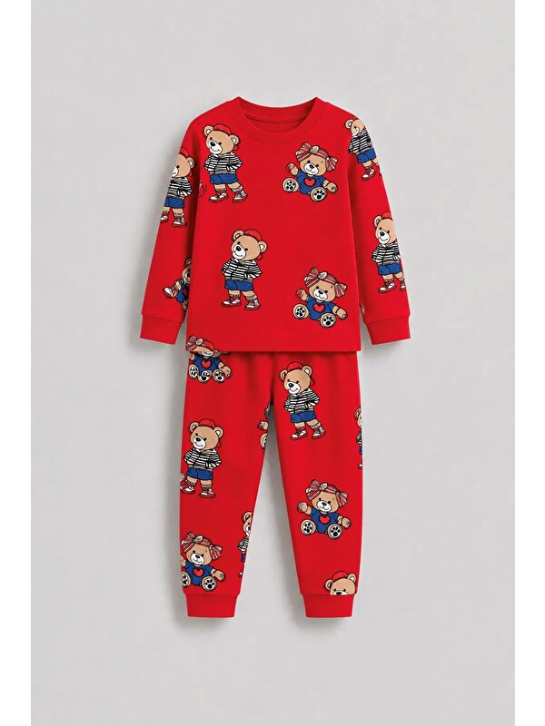 ZUZUNGA Unisex Kırmızı Renk Ayıcık Desenli Uzun Kollu Pijama Takımı