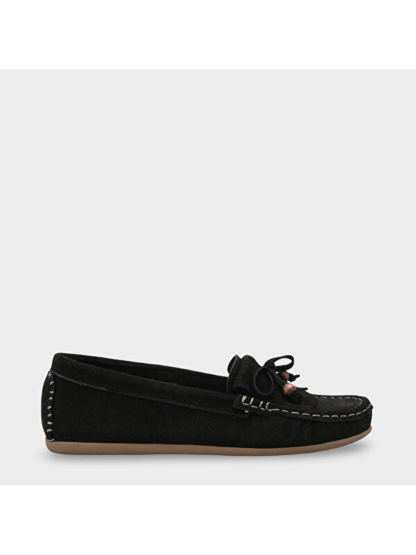Capone Outfitters Almire Hakiki Deri Süet Boncuklu Püsküllü Konfor Kadın Loafer Ayakkabı