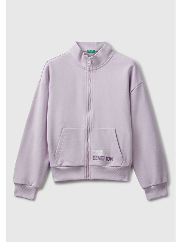 United Colors Of Benetton Kız Çocuk Lila Önü Logo Nakışlı Cepli Fermuarlı Dik Yaka Sweatshirt