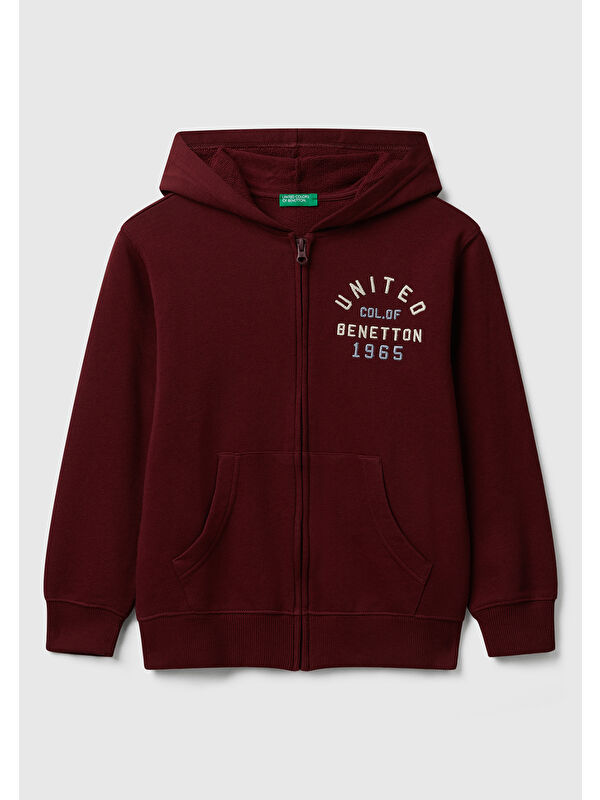 United Colors Of Benetton Erkek Çocuk Bordo Önü Logo Detaylı Fermuarlı Kapüşonlu Sweatshirt