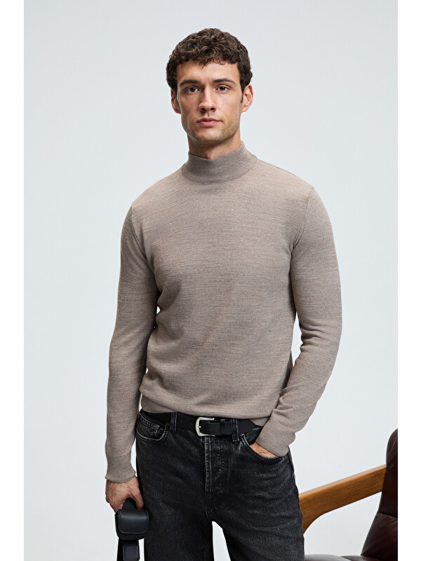 GRIMELANGE REBEL Erkek Yarım Balıkçı Yaka Basic Slim Fit Triko VİZON Kazak
