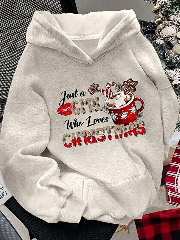 Trendseninle Gri Christmas Baskılı Oversize Kapüşonlu Sweatshirt Uzun Kollu Yılbaşı Temalı Hoodie