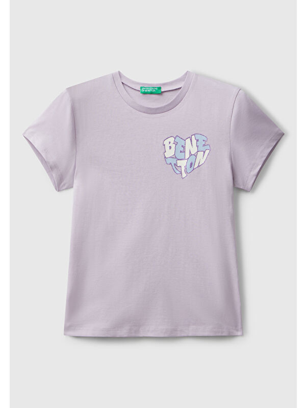 United Colors Of Benetton Kız Çocuk Lila Parıltılı Logo Baskılı Ribana Yaka Regular Fit T-shirt