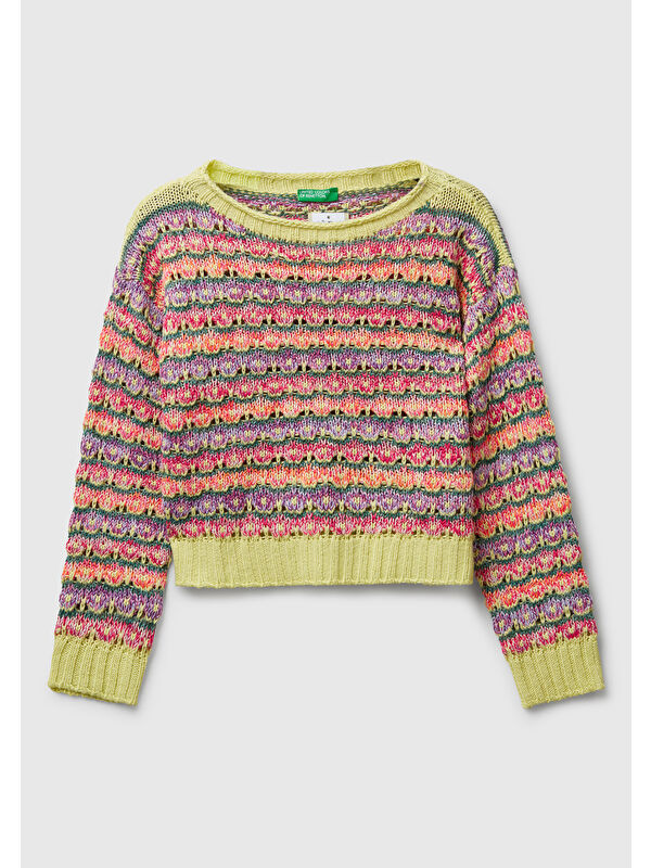 United Colors Of Benetton Kız Çocuk Çok Renkli %100 Akrilik Karışık Dikişli Crop Kazak