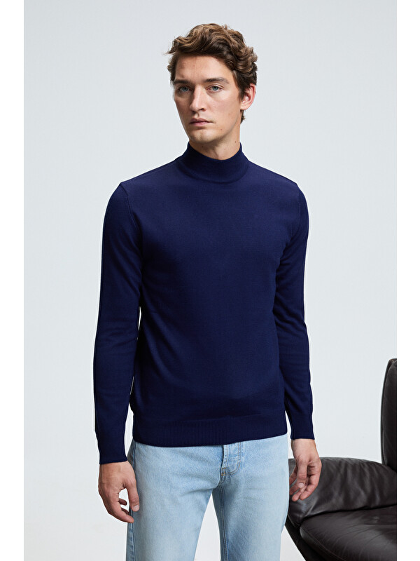GRIMELANGE REBEL Erkek Yarım Balıkçı Yaka Basic Slim Fit Triko LACİVERT Kazak