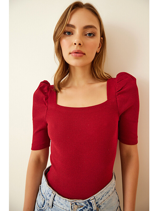 Happiness İstanbul Kare Yaka Fitilli Crop Bluz BORDO LGT0011