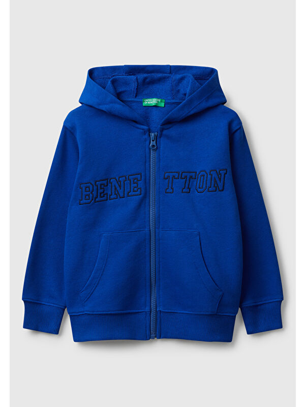 United Colors Of Benetton Erkek Çocuk Saks Mavisi Önü Logo Baskılı Fermuarlı Kapüşonlu Sweatshirt