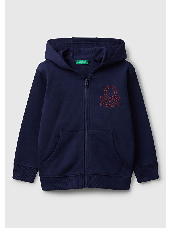 United Colors Of Benetton Erkek Çocuk Lacivert Önü Logo Baskılı Fermuarlı Kapüşonlu Sweatshirt