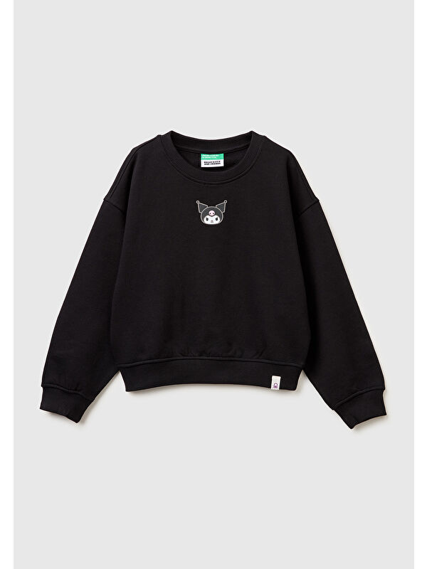 United Colors Of Benetton Kız Çocuk Siyah Önü ve Arkası Baskılı Etek Ucu Logolu Bisiklet Yaka Sweatshirt