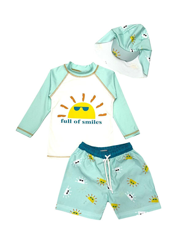 My Kids Wear Güneş Korumalı Boneli Karakter Desenli Deniz Şortlu Mayo Takım