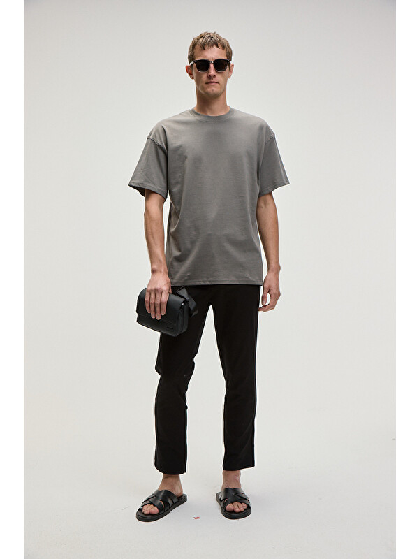 GRIMELANGE FEON Erkek Oversize Geniş Kesim %100 Organik Pamuk Kalın Dokulu Yuvarlak Yaka AÇIK GRİ T-Shirt