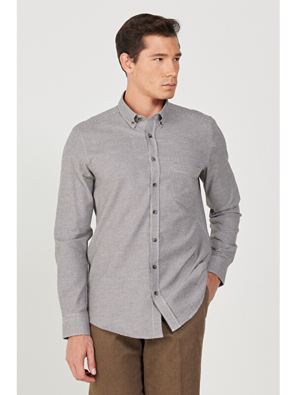 Altınyıldız Classics Erkek Kahverengi Slim Fit Dar Kesim Düğmeli Yaka Pamuklu Gömlek