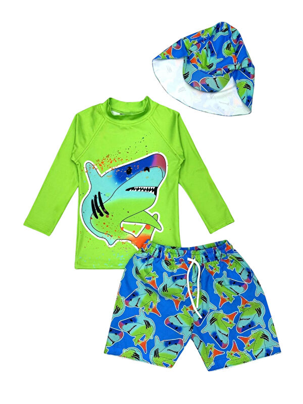My Kids Wear Güneş Korumalı Boneli Karakter Desenli Deniz Şortlu Mayo Takım