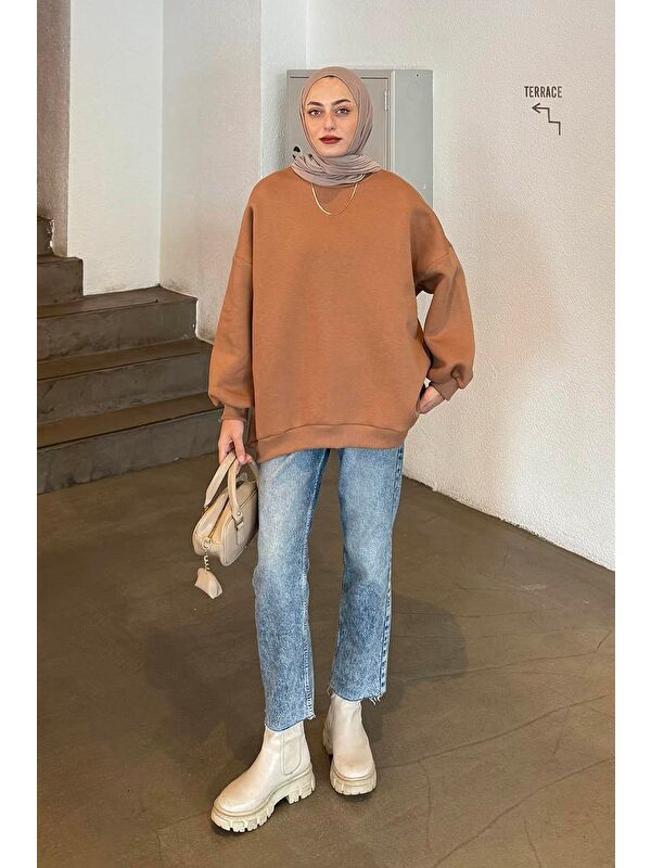 Lamelif Jasmin Bisiklet Yaka Oversize Sweat Camel