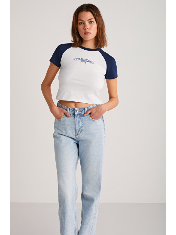 ETHIQUET VANE Kadın %100 Pamuk Kısa Kollu Baskılı Crop BEYAZ T-Shirt